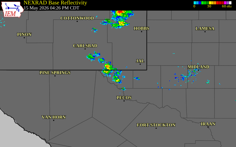 NEXRAD radar during the Friday, May 15, 2026 storm activity in Loving County, Texas