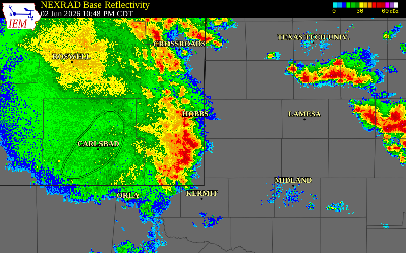 NEXRAD radar during the Tuesday, June 2, 2026 storm activity in Loving County, Texas