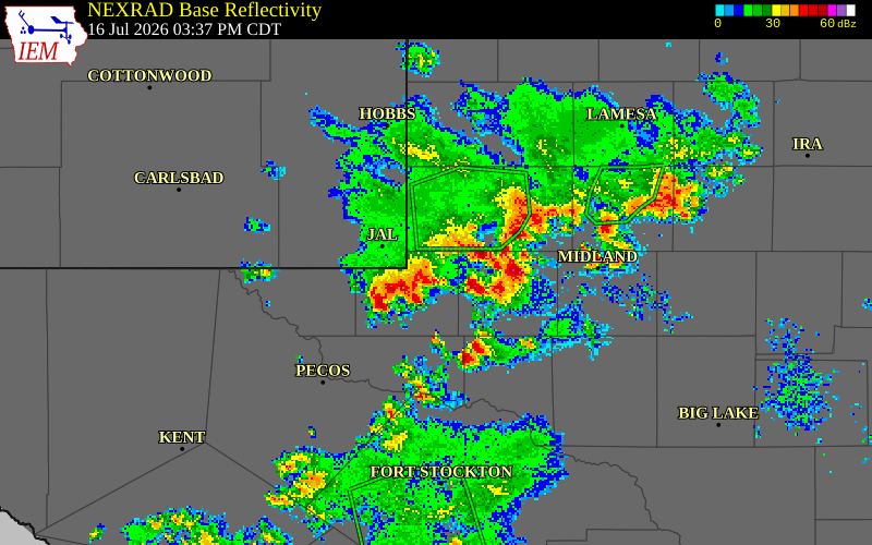 NEXRAD radar during the Thursday, July 16, 2026 storm activity in Loving County, Texas