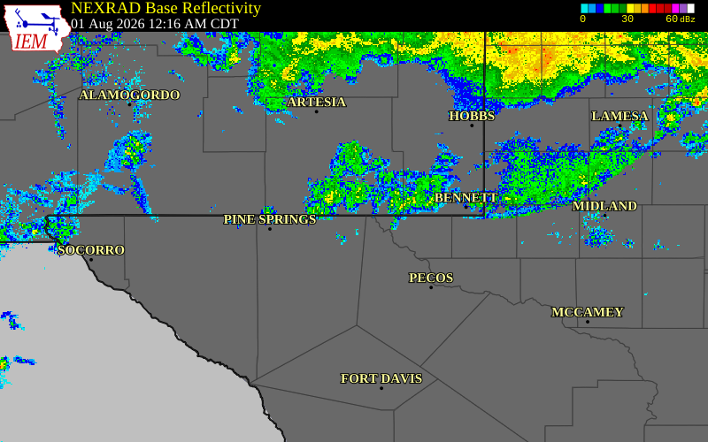 Radar snapshot during the Aug 1, 2026 wind event near Loving County, Loving County, Texas, with NWS warning polygons
