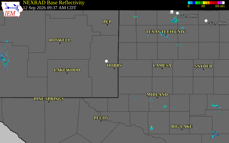Current NEXRAD radar over Loving County, Texas with recent storm report locations