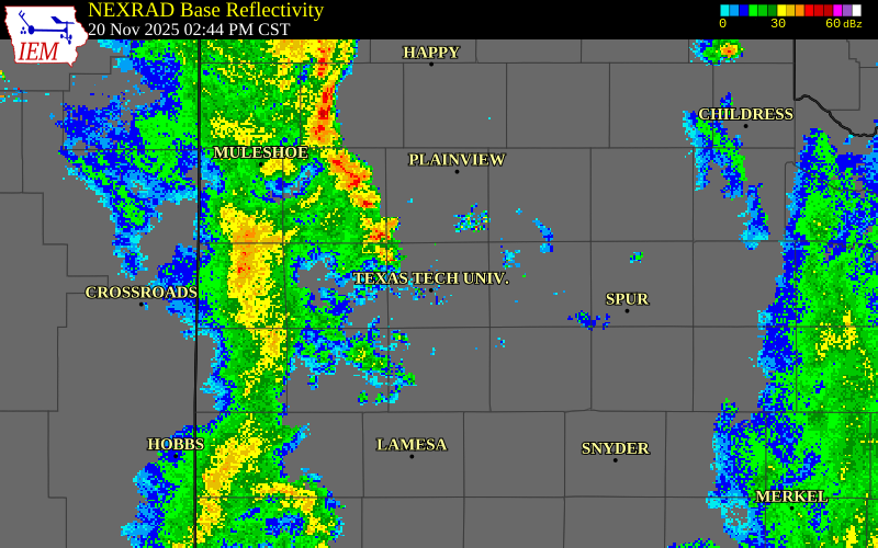 NEXRAD radar during the Thursday, November 20, 2025 storm activity in Lubbock County, Texas