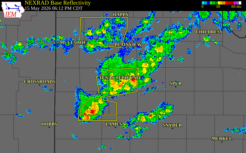 NEXRAD radar during the Friday, May 15, 2026 storm activity in Lubbock County, Texas