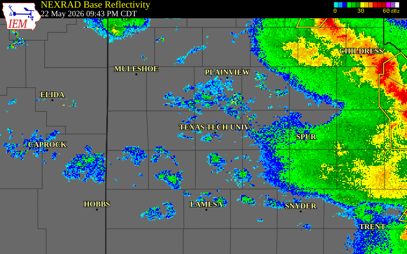 NEXRAD radar during the Friday, May 22, 2026 storm activity in Lubbock County, Texas