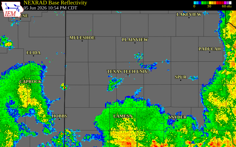NEXRAD radar during the Friday, June 5, 2026 storm activity in Lubbock County, Texas
