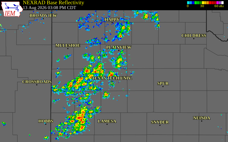 NEXRAD radar during the Thursday, August 13, 2026 storm activity in Lubbock County, Texas