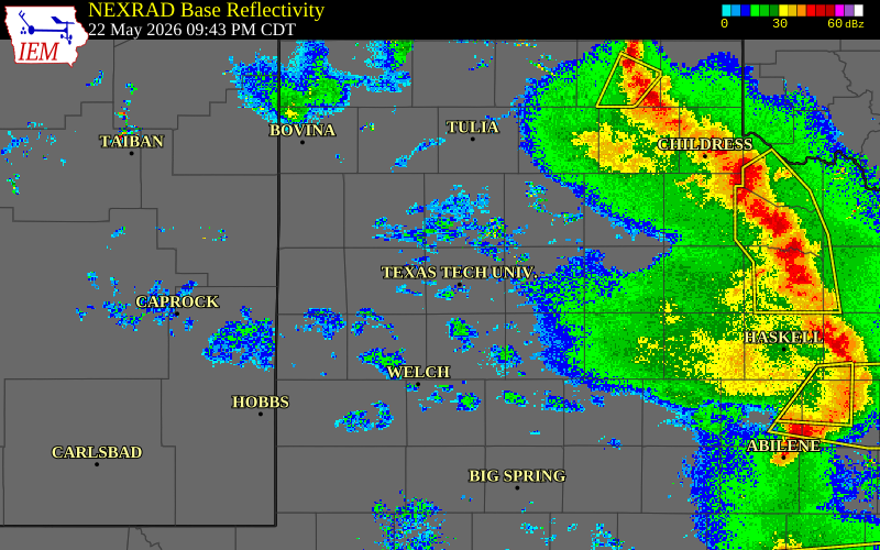 Radar snapshot during the May 22, 2026 tornado event near 3 S Shallowater, Lubbock County, Texas, with NWS warning polygons