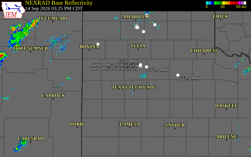 Current NEXRAD radar over Lubbock County, Texas with recent storm report locations