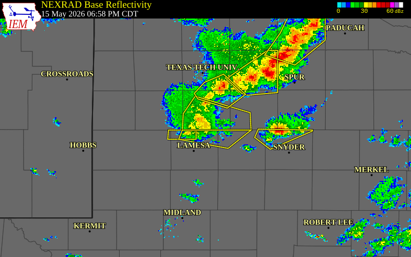 NEXRAD radar during the Friday, May 15, 2026 storm activity in Lynn County, Texas