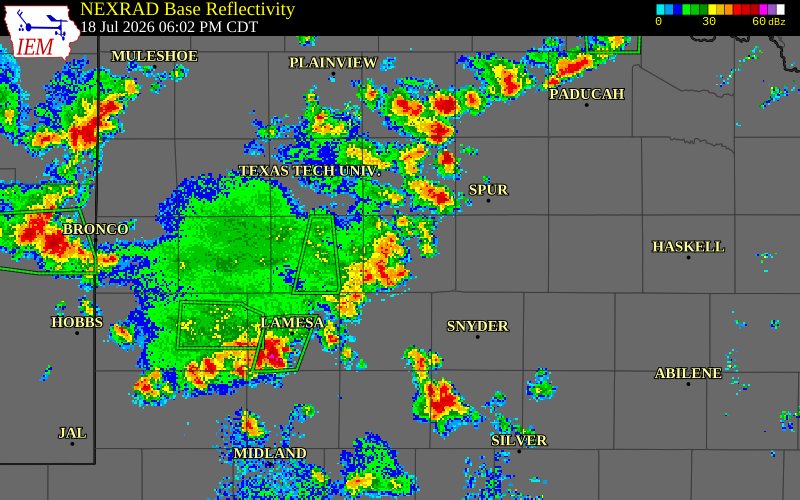 NEXRAD radar during the Saturday, July 18, 2026 storm activity in Lynn County, Texas