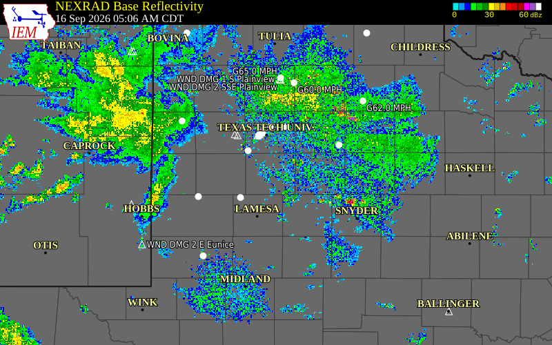 Current NEXRAD radar over Lynn County, Texas with recent storm report locations