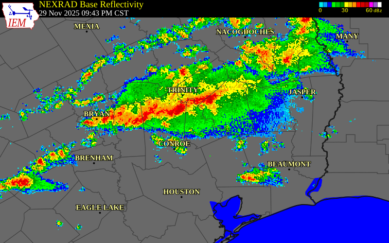 NEXRAD radar during the Saturday, November 29, 2025 storm activity in Madison County, Texas