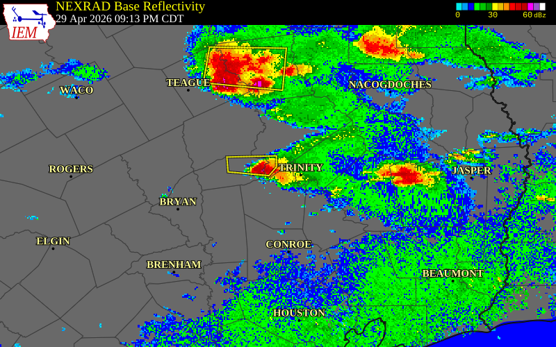 NEXRAD radar during the Wednesday, April 29, 2026 storm activity in Madison County, Texas