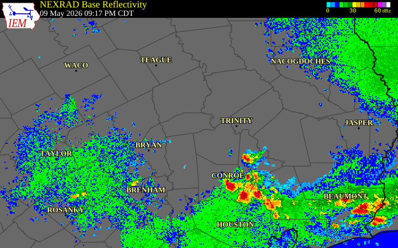 NEXRAD radar during the Saturday, May 9, 2026 storm activity in Madison County, Texas