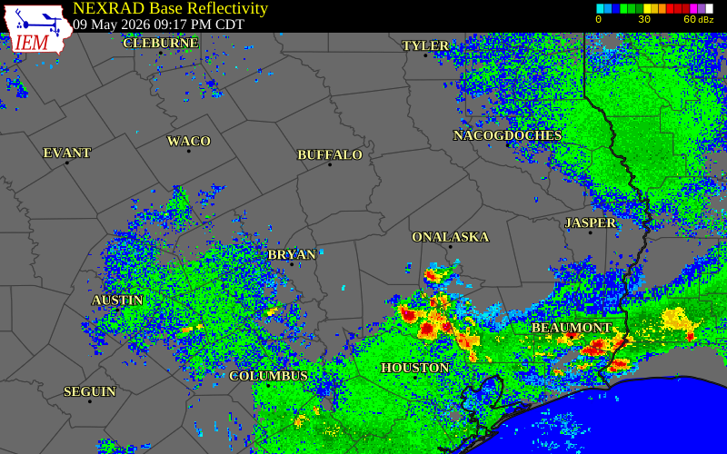 Radar snapshot during the May 9, 2026 hail event near 5 SW Midway, Madison County, Texas, with NWS warning polygons