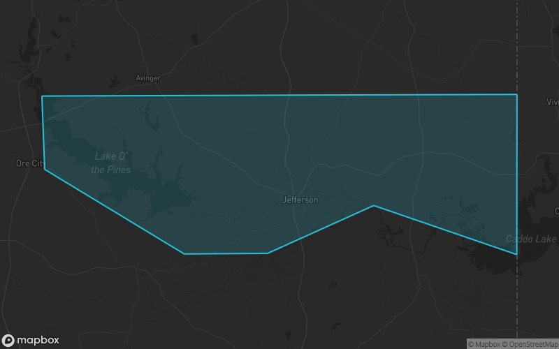Map of Marion County, Texas showing the county boundary and surrounding cities