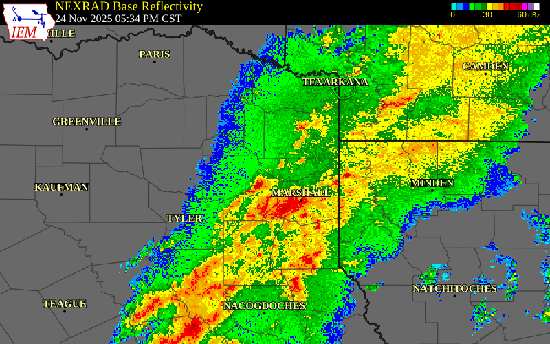 NEXRAD radar during the Monday, November 24, 2025 storm activity in Marion County, Texas