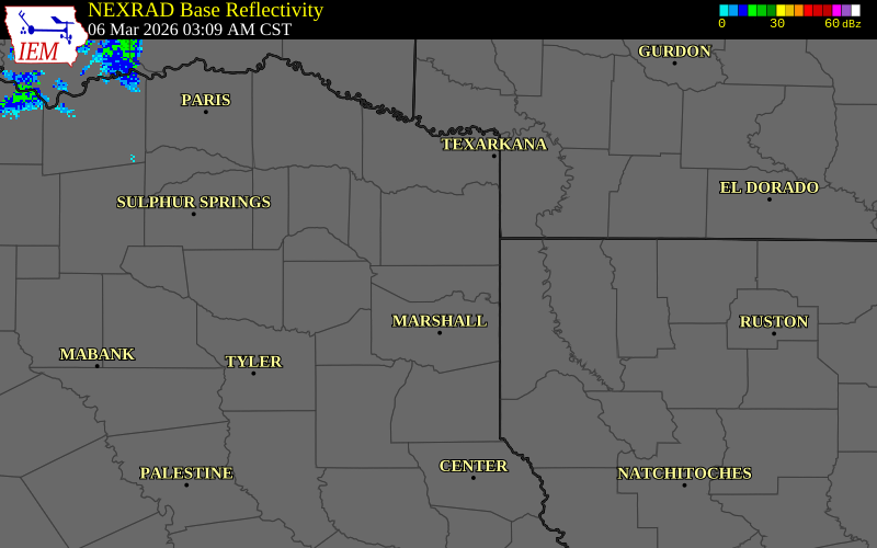 NEXRAD radar during the Friday, March 6, 2026 storm activity in Marion County, Texas