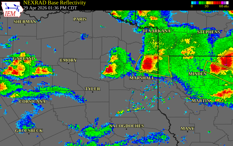 NEXRAD radar during the Wednesday, April 29, 2026 storm activity in Marion County, Texas