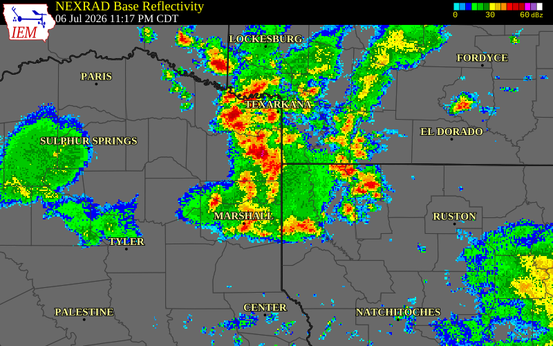 NEXRAD radar during the Monday, July 6, 2026 storm activity in Marion County, Texas
