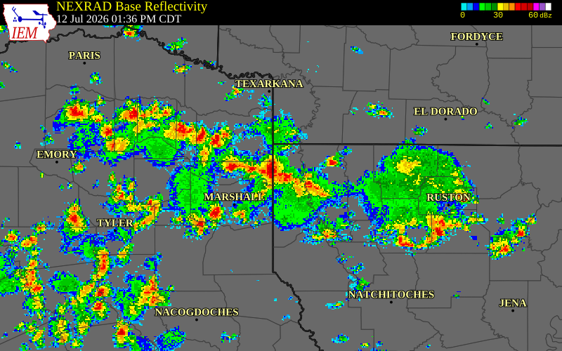 NEXRAD radar during the Sunday, July 12, 2026 storm activity in Marion County, Texas