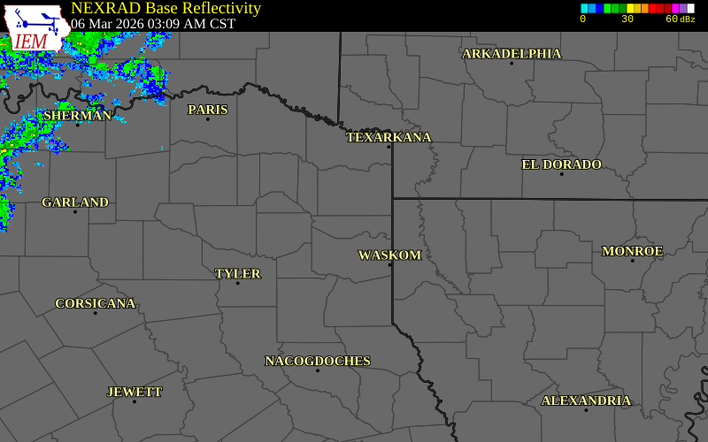 Radar snapshot during the Mar 6, 2026 tornado event near 5 N JEFFERSON, Marion County, Texas, with NWS warning polygons