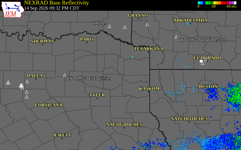Current NEXRAD radar over Marion County, Texas with recent storm report locations