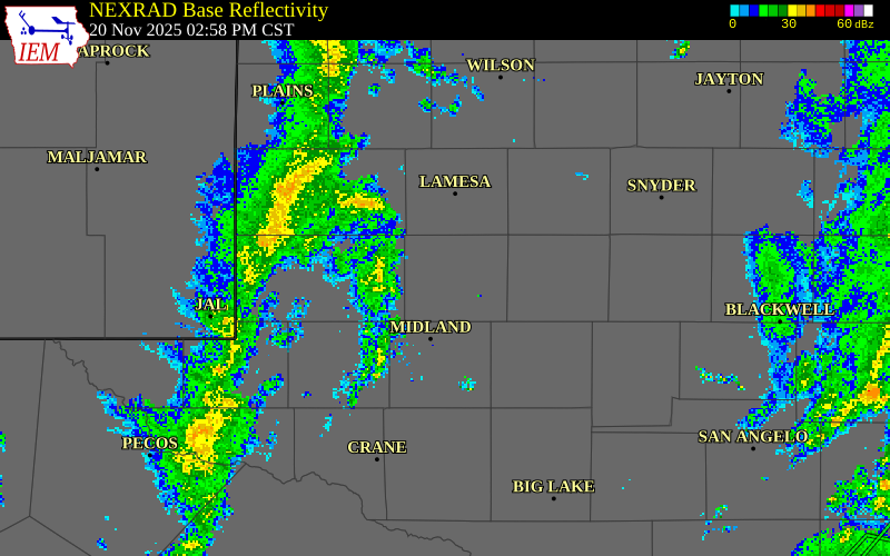 NEXRAD radar during the Thursday, November 20, 2025 storm activity in Martin County, Texas