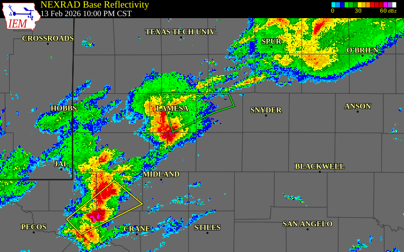 NEXRAD radar during the Friday, February 13, 2026 storm activity in Martin County, Texas