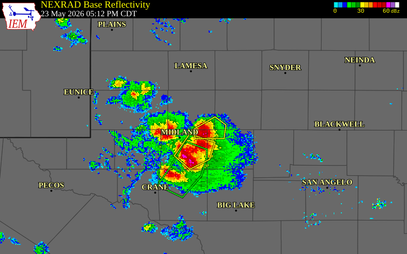 NEXRAD radar during the Saturday, May 23, 2026 storm activity in Martin County, Texas