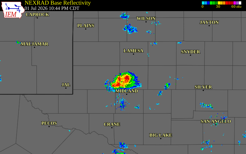 NEXRAD radar during the Wednesday, July 1, 2026 storm activity in Martin County, Texas