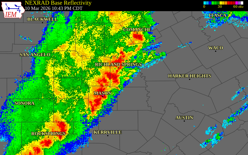 NEXRAD radar during the Tuesday, March 10, 2026 storm activity in Mason County, Texas