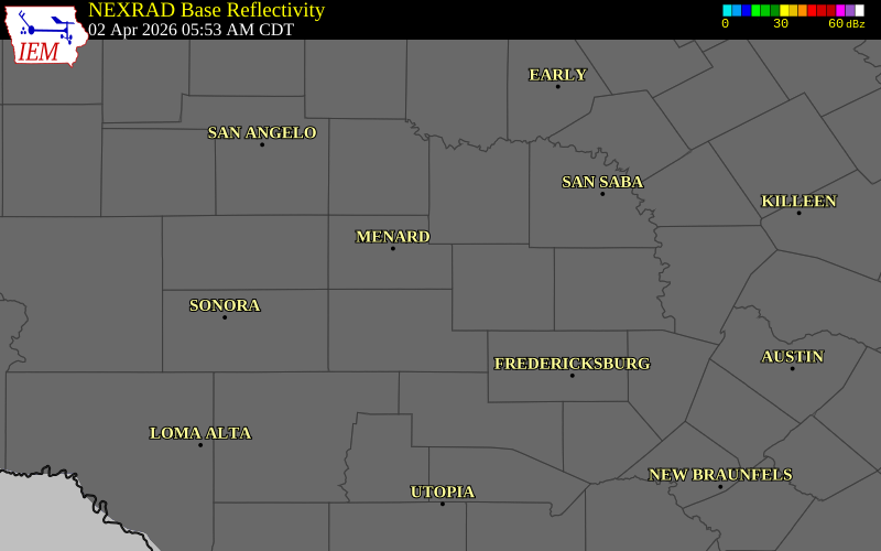 NEXRAD radar during the Thursday, April 2, 2026 storm activity in Mason County, Texas