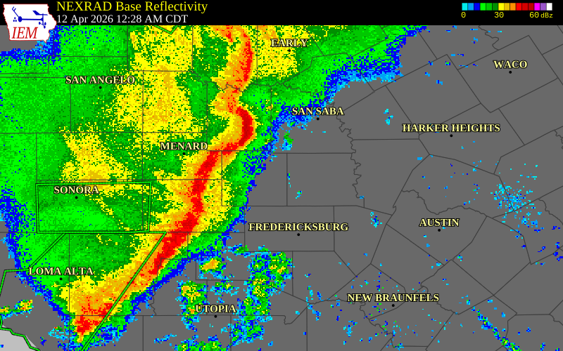 NEXRAD radar during the Sunday, April 12, 2026 storm activity in Mason County, Texas