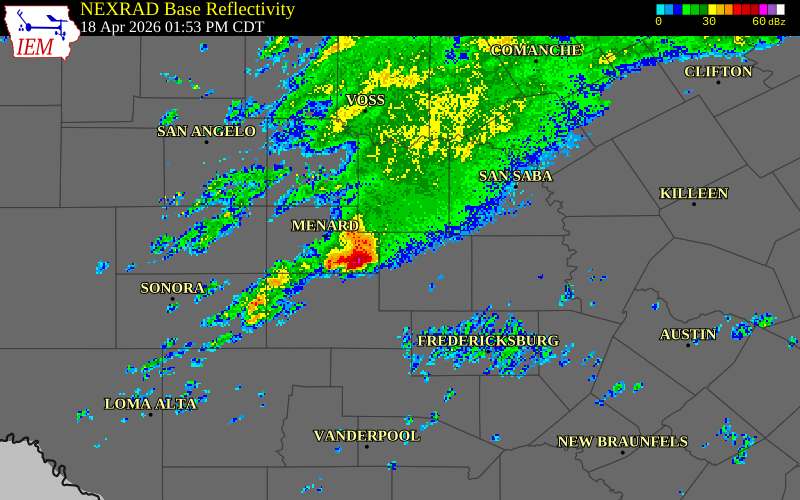 NEXRAD radar during the Saturday, April 18, 2026 storm activity in Mason County, Texas