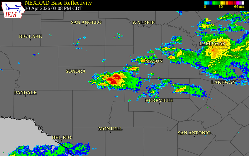 NEXRAD radar during the Thursday, April 30, 2026 storm activity in Mason County, Texas