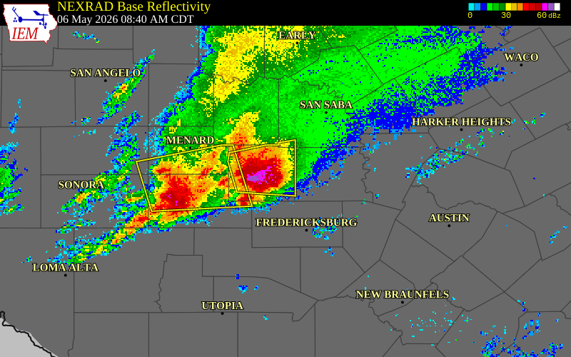 NEXRAD radar during the Wednesday, May 6, 2026 storm activity in Mason County, Texas