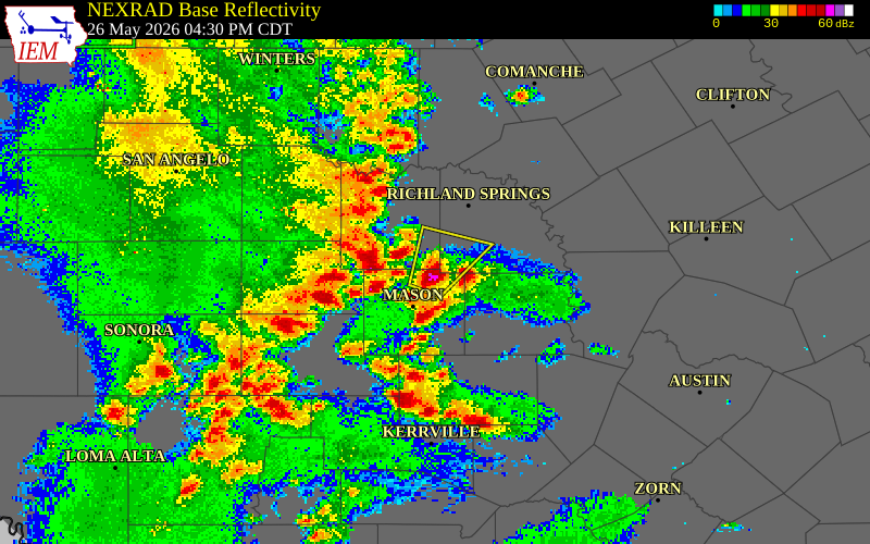 NEXRAD radar during the Tuesday, May 26, 2026 storm activity in Mason County, Texas