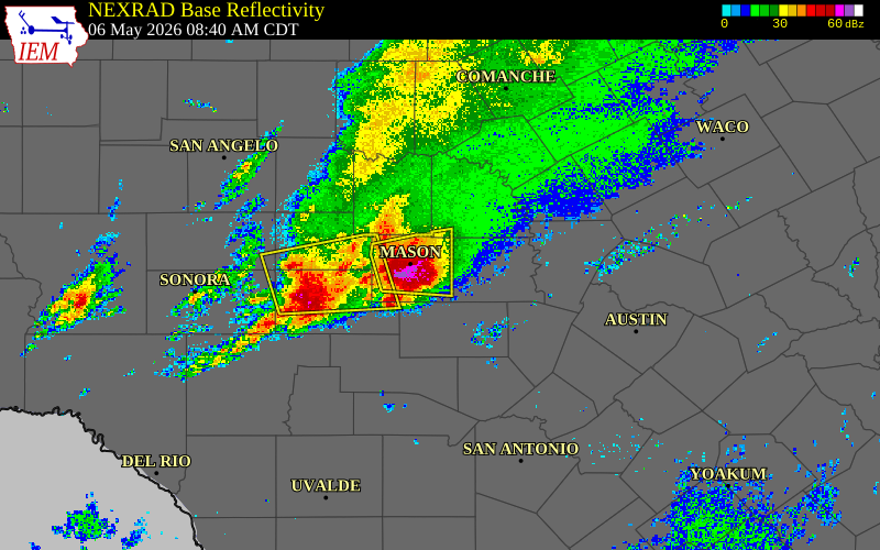 Radar snapshot during the May 6, 2026 hail event near 7 NNW Loyal Valley, Mason County, Texas, with NWS warning polygons