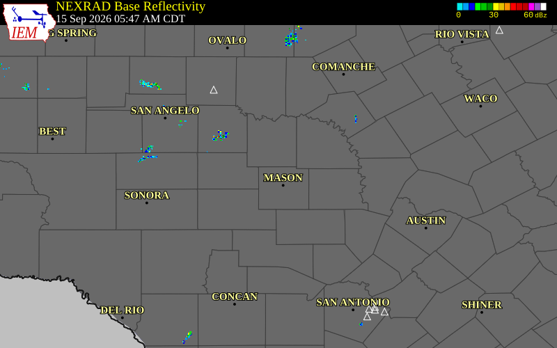 Current NEXRAD radar over Mason County, Texas with recent storm report locations