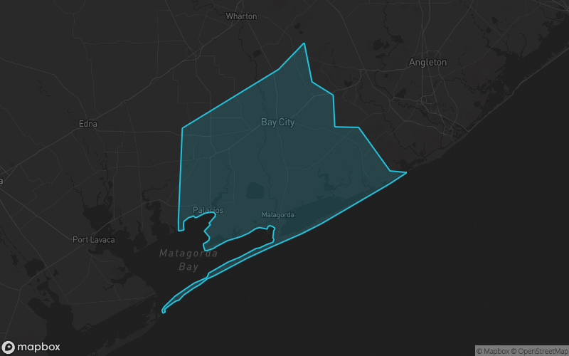 Map of Matagorda County, Texas showing the county boundary and surrounding cities