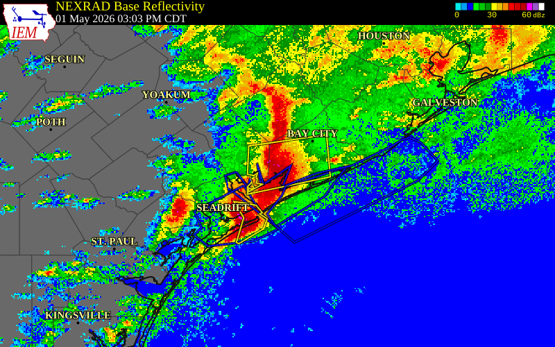 NEXRAD radar during the Friday, May 1, 2026 storm activity in Matagorda County, Texas