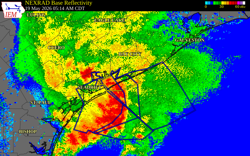 NEXRAD radar during the Tuesday, May 19, 2026 storm activity in Matagorda County, Texas