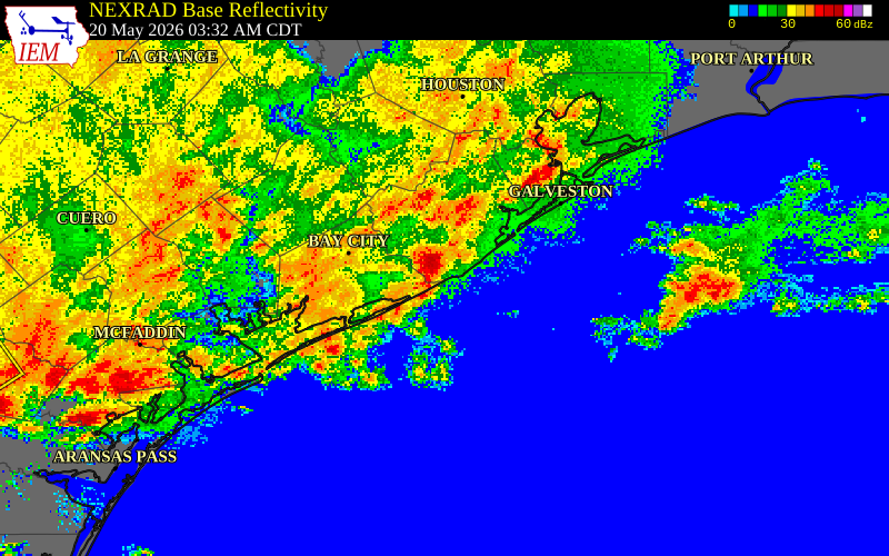 NEXRAD radar during the Wednesday, May 20, 2026 storm activity in Matagorda County, Texas