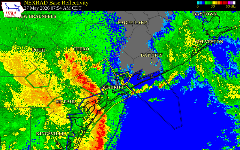 NEXRAD radar during the Wednesday, May 27, 2026 storm activity in Matagorda County, Texas
