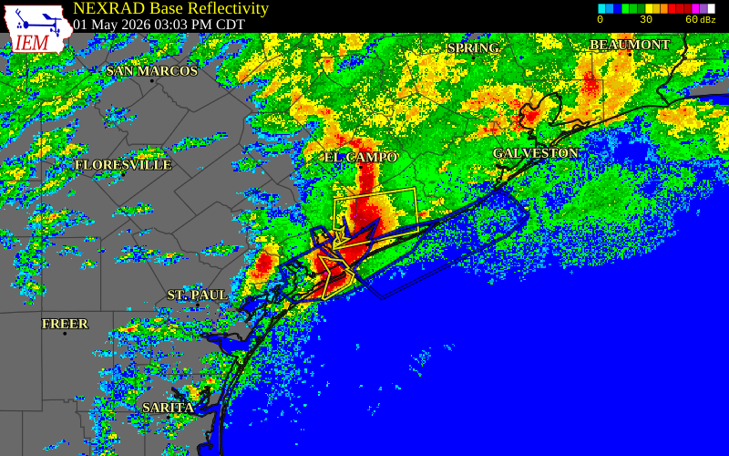 Radar snapshot during the May 1, 2026 wind event near 1 WNW Palacios, Matagorda County, Texas, with NWS warning polygons