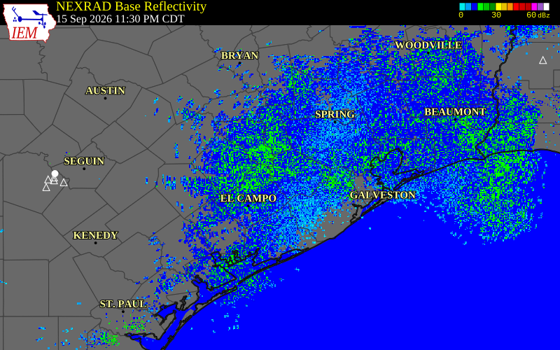 Current NEXRAD radar over Matagorda County, Texas with recent storm report locations