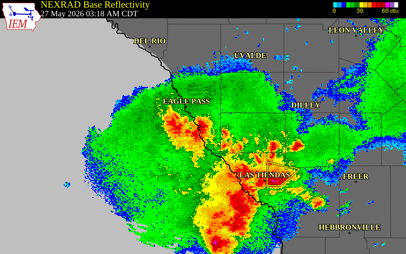 NEXRAD radar during the Wednesday, May 27, 2026 storm activity in Maverick County, Texas
