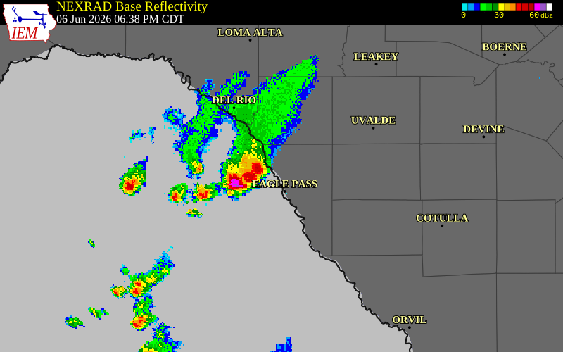 NEXRAD radar during the Saturday, June 6, 2026 storm activity in Maverick County, Texas