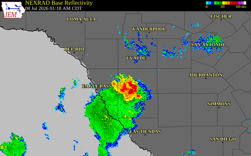 NEXRAD radar during the Wednesday, July 8, 2026 storm activity in Maverick County, Texas